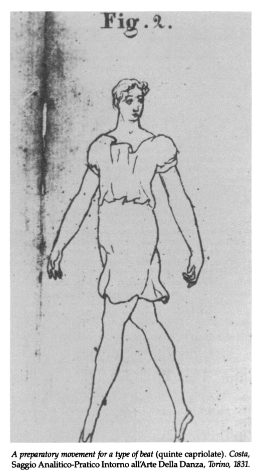 An illustration of a man in short pants and a loose shirt rising up to his toes with his arms floating at his sides